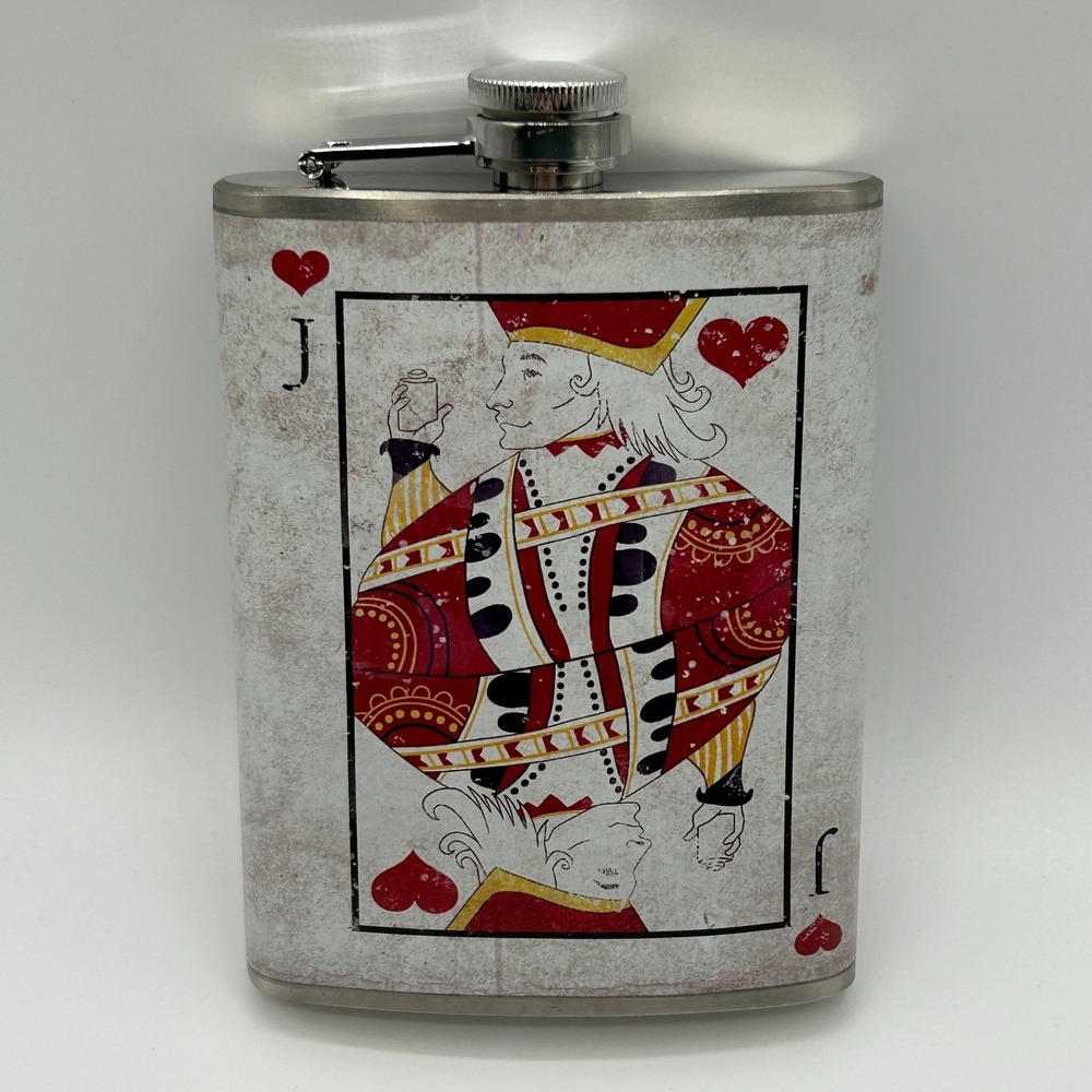 Stainless Steel 8 oz Hip Flask Jack of Hearts Card Poker Graphic Fun Guy‎ Gift